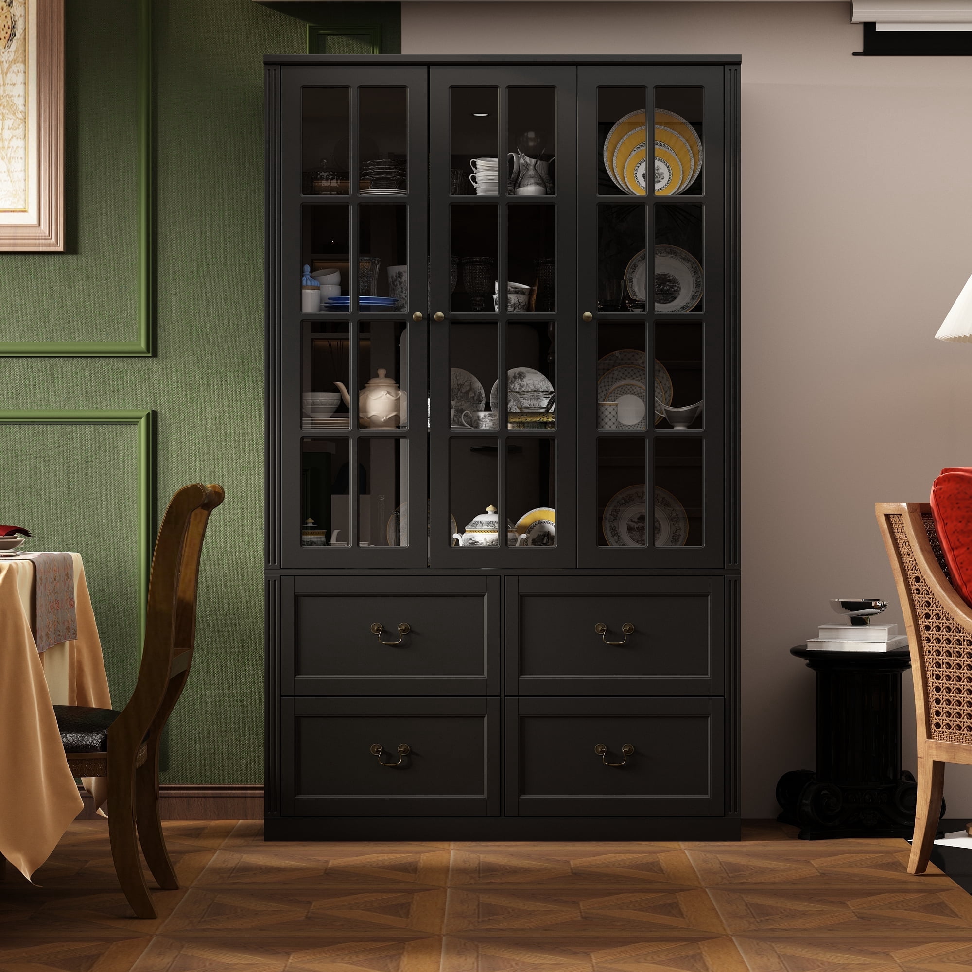 KULAGAGA 78.7" H Kitchen Pantry Cabinet with 4 Drawes, Display Storage Cabinet Bookcase for Home Office,Black