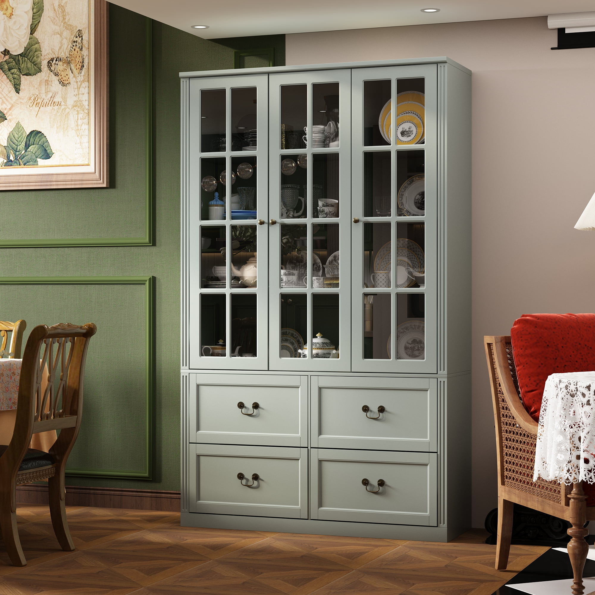 KULAGAGA 78.7" H Kitchen Pantry Cabinet with 4 Drawes, Display Storage Cabinet Bookcase for Home Office, Light Gray