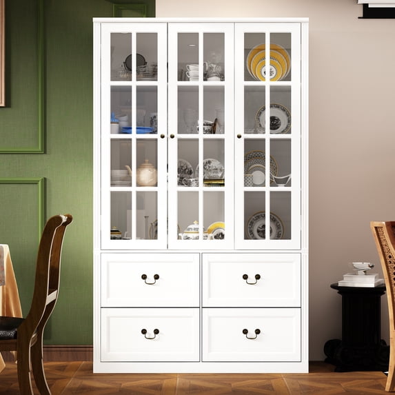 KULAGAGA 78.7" H Kitchen Pantry Cabinet with 4 Drawes, Display Storage Cabinet Bookcase for Home Office, White