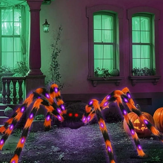 78.7" Halloween Glowing Spiders Garden Decorations, Horror Giant Plush Spiders Dolls, Red Eyes Spiders Halloween Decorations Collectibles, Large Spiders Outdoor Decorations for Yard, Purple Light