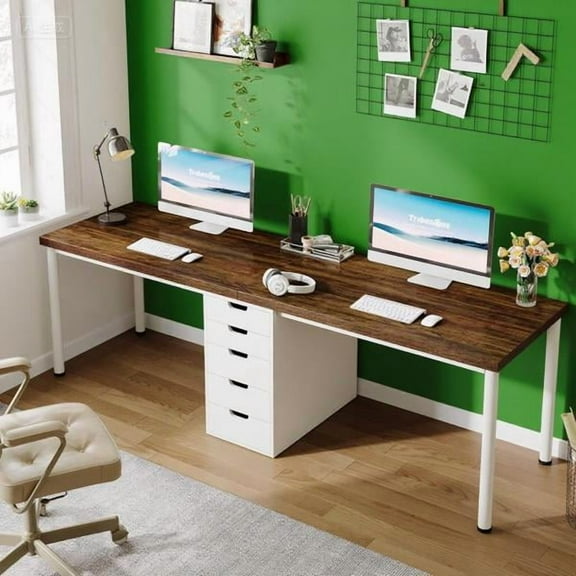 78.7 Inch 5-Drawer Double Computer Desk - Two-Person Workstation with Storage, Brown & White, MDF with Metal Legs - for Home Office