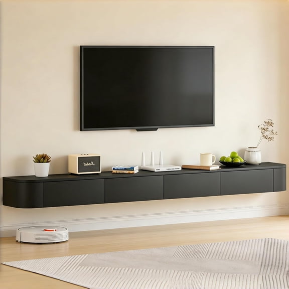 78.7-Inch Black Wall Mounted Floating TV Stand with Media Console, Storage Cabinets, for Living Room and Bedroom