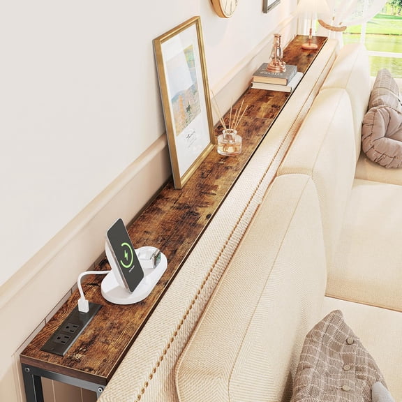 78.7 Inch Console Table with Outlet, Sofa Table with Charging Station, Narrow Hallway Entryway Table, Behind Couch Table, for Living Room, Rustic Brown