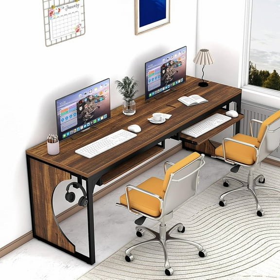 78.7 Inch Extra Long Home Office Desk Game Computer Desks for 2 Persons Double Keyboard Trays Workstation with Hooks Writing Study Table Rustic Brown MDF and Metal Frame