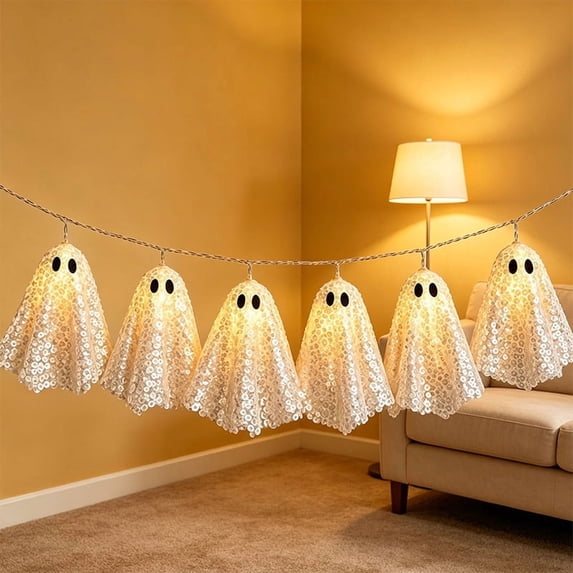 78.7 Inch Ghost String Lights, 10 LED Sequin Halloween Lights Battery Operated for Bedroom Porch Party and Home Decor