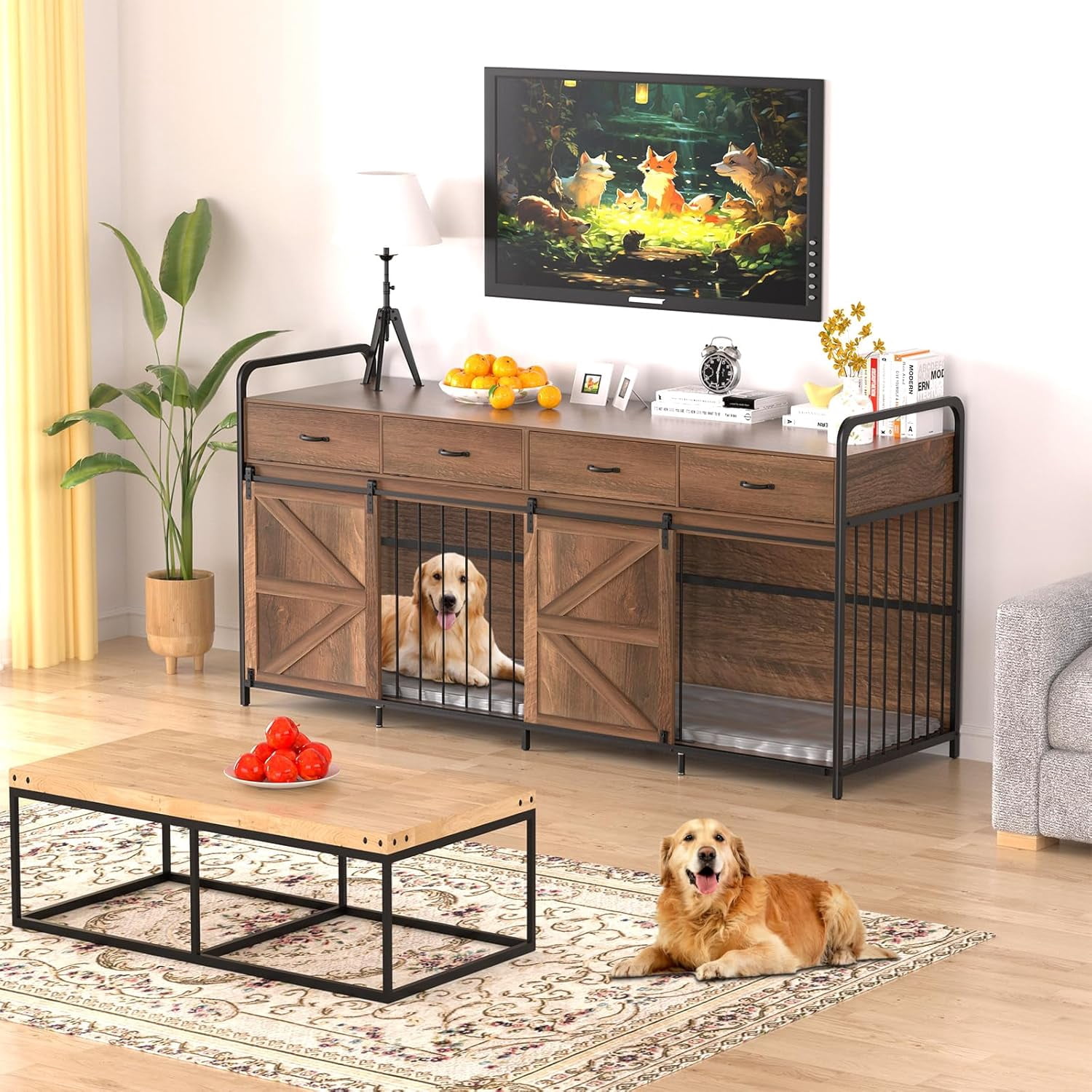 View of 78.7 Inch Large Dog Crate Furniture for 2 Dogs Extra Large Dog Kennel ...