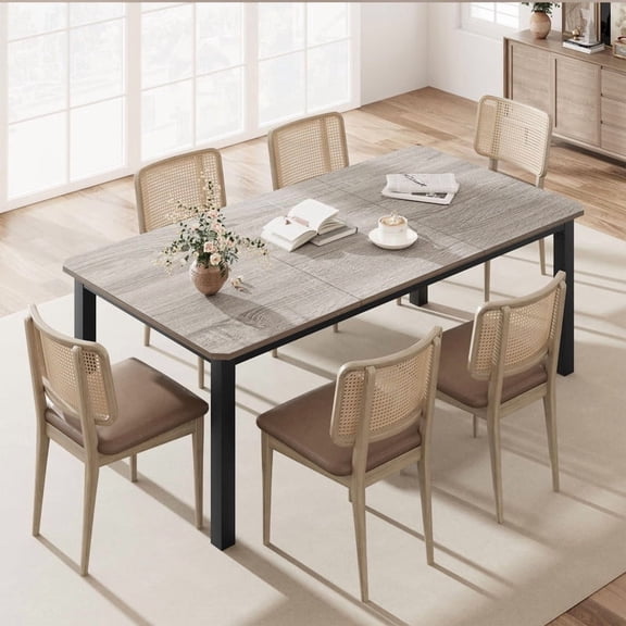 78.7-Inch Rectangular Wood Dining Table with Metal Base, Rustic Industrial Kitchen Table for 6–8 Seating
