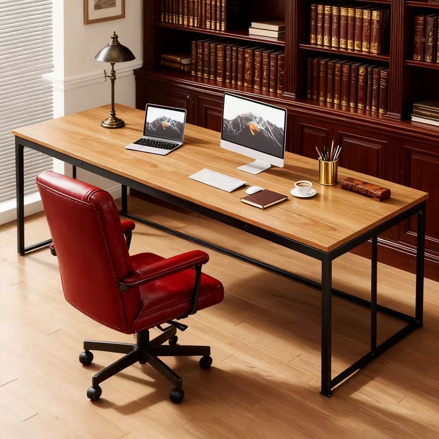 78.7 Inches Extra Long 2 Person Computer Desk, Wooden Large Home Office Writing Table With Strong Metal Legs, Spacious Study Workstation For Collaborative Use, Natural & Black