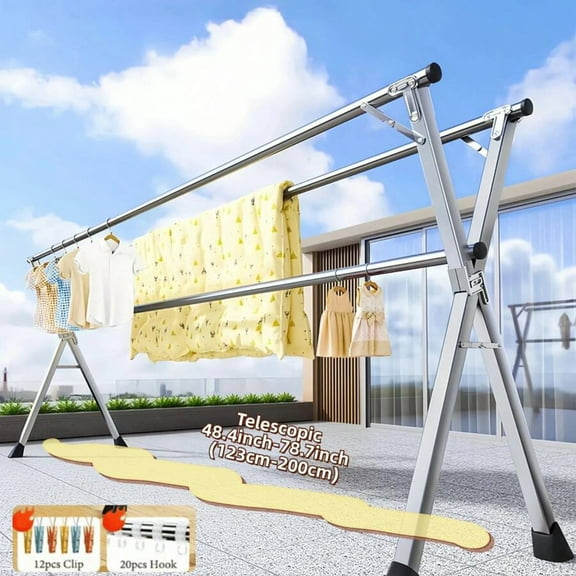 78.7 Inches Heavy Duty Stainless Steel Foldable Clothes Drying Rack - Collapsible Telescopic Space Saver with Hooks for Apartment, Dorm, Balcony, Indoor & Outdoor Use