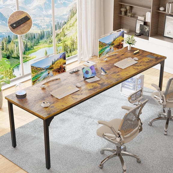 78.7 Inches Two Person Computer Desk with Power Supply, Long Home Office Table for Collaborative Work, Study Writing Workstation, Rustic Brown Surface