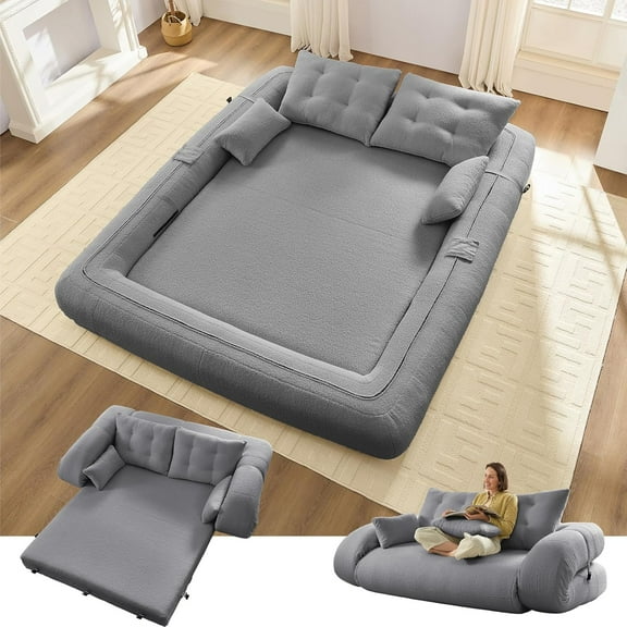 78.7" King Foldable Sofa Bed, Lazy Sofa Couch, 3-in-1 Multi-Functional Sleeper Sofa Bed, Teddy Futon Sofa, Floor Loveseat Sofa, Human Dog Bed, Bean Bag Lounge Recliner for Living Room, Grey