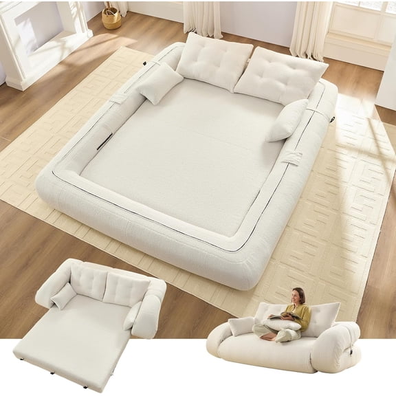 78.7" King Foldable Sofa Bed, Lazy Sofa Couch, 3-in-1 Multi-Functional Sleeper Sofa Bed, Sherpa Fleece Futon Sofa, Floor Loveseat Sofa, Human Dog Bed, Bean Bag Lounge Recliner for Living Room, Beige