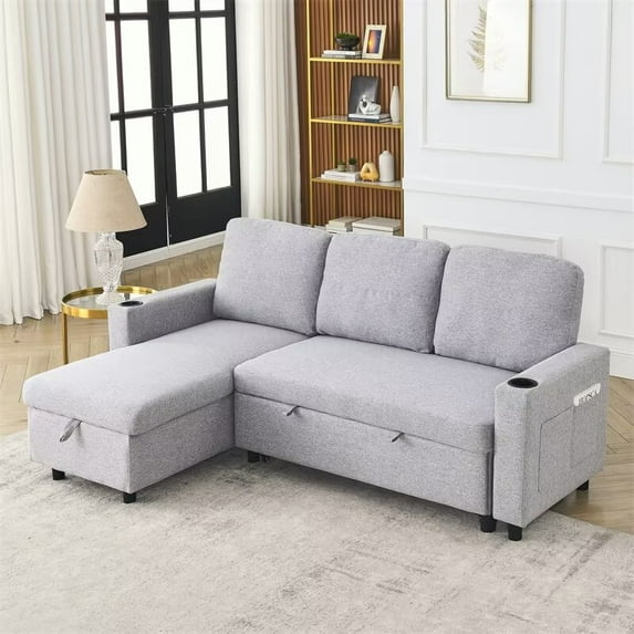 78.7" L-Shaped Combo Sofa with Storage Chaise, Reversible Sleeper Sofa with Pull-out Bed, Side Pockets and Cup Holders, Living Room Furniture Sets for Tight Spaces Office Apartment, Light Gray