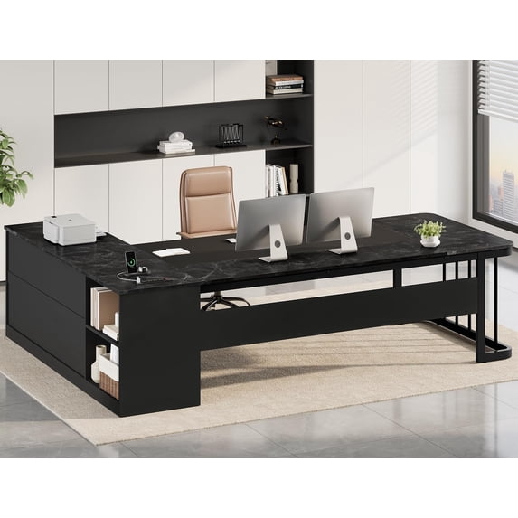 78.7" L Shaped Executive Desk, Large Office Desk with Power Outlets & File Cabinet, Corner Computer Desk with 3 Drawers & Storage Shelves, Modern Workstation (Black)