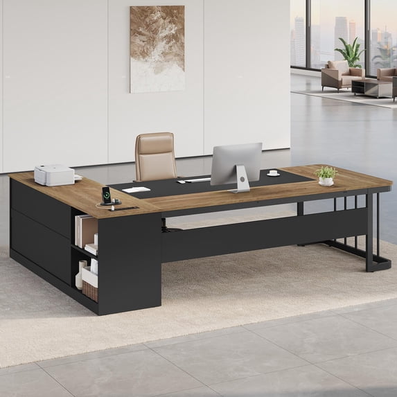 78.7" L Shaped Executive Desk, Large Office Desk with Power Outlets & File Cabinet, Corner Computer Desk with 3 Drawers & Storage Shelves, Modern Workstation (Oak)