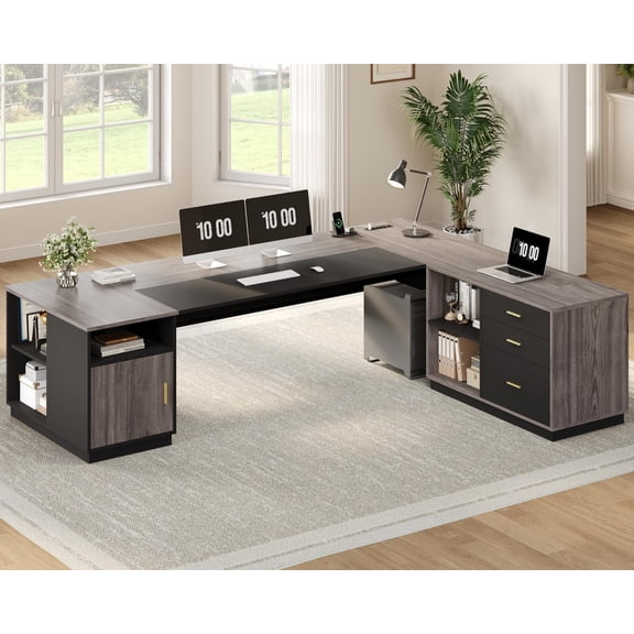 78.7" L Shaped Executive Desk With Lateral File Cabinet, Modern Corner Computer Desk With Power Outlets, Extra Large Office Desk With Drawers & Storage Shelves, Business Furniture, Gray