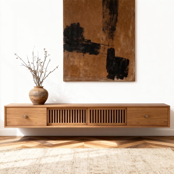 78.7" Mid-Century Modern Floating TV Stand, Solid Wood Frame Media Console, No-Assembly Entertainment Center with Drawers & Slatted Door Storage for Living Room, Walnut