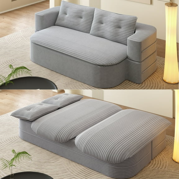 78.7" Modern Plush Corduroy Foldable Sofa Bed with Blanket & Pillows, Convertible Sleeper Couch for Living Room, Light Grey, No Assembly
