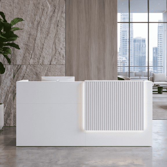 78.7" Modern Reception Desk with LED Lighting, Built-in Power Outlet (2 AC + USB-C + USB-A), Locking Drawer, Storage Cabinet & Cable Management, Front Desk for Office, Salon, Retail (White)