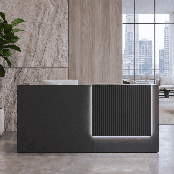 78.7" Modern Reception Desk with LED Lighting, Built-in Power Outlet (2 AC + USB-C + USB-A), Locking Drawer, Storage Cabinet & Cable Management, Front Desk for Office, Salon, Retail (Black)