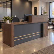 79" Modern Reception Desk with Counter, Built-In Power Outlets, USB & Type-C Ports, Lockable Storage, Keyboard Tray & Cable Management, Walnut & Gray