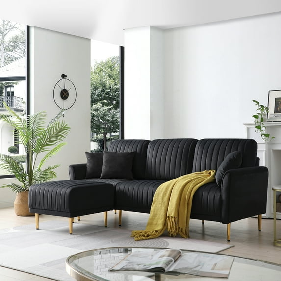 78.7" Modular Sectional Sofa Couch L Shaped Velvet Upholstered Sofa Modern Couch with Deep Channel Tufting and Gold Metal Legs for Living Room Apartment Bedroom Office Dorm Studio, Black