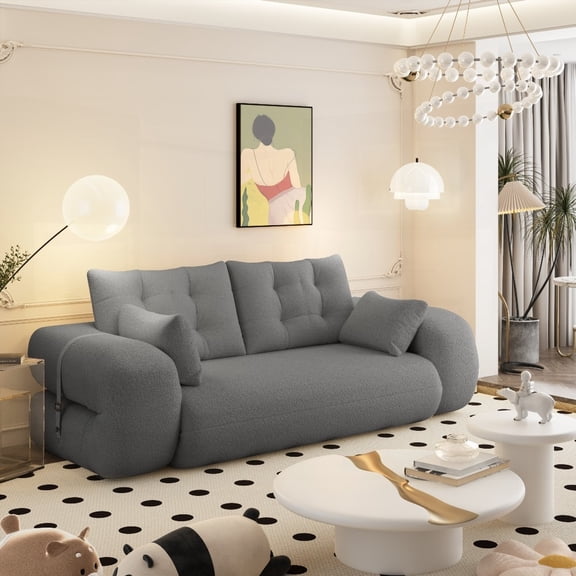 78.7" Multi-Functional Sofa Bed! Grey Lazy Couch. 3-in-1 Teddy Fabric. Headrest & Lumbar Pillow Comfort!