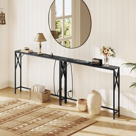 78.7'' Narrow Sofa Table with Charging Station, 2 Pack Skinny Console Table, Slim Entryway Hallway Couch Table, for Entrance, Foyer, Living Room, Hallway, Black CTHB151E01S2