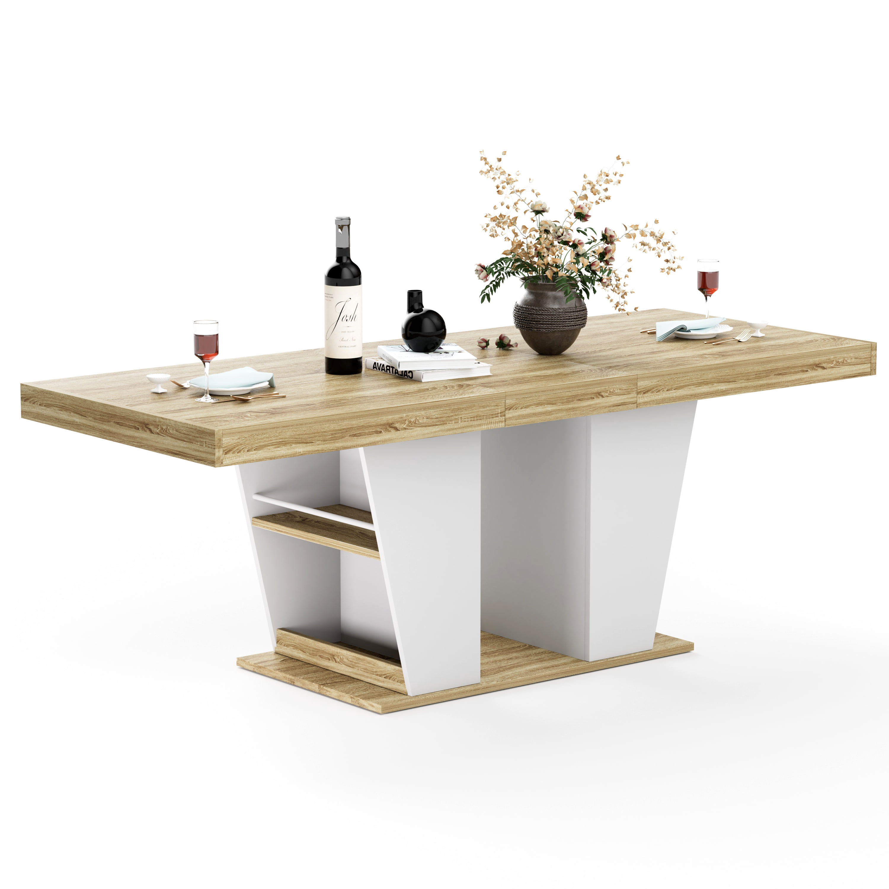 78.7" Rustic-Style Extendable Dining Table, Seats 8–10 People, Dining Table With Storage Shelves On Both Sides, Mid-Century Modern-Style Extendable Wooden Kitchen Table, Natural+White