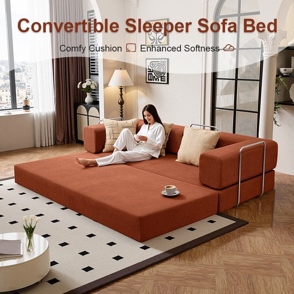 78.7" W Combination Sofa, Convertible Sofa Couch,Corduroy Boneless Floor Sleeper Sofa for Small Spaces Comfort For Apartment Bedroom,Orange