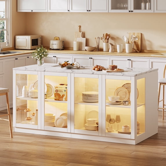 78.7" White Modern Kitchen Island with Storage, LED Light, Drawers & Glass Doors for Dining Room