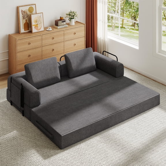 78.7" Wide Convertible Sofa Bed, Foldable Corduroy Sofa Bed with Cylindrical Pillows, Space-Saving Futon Bed, Compression Sofa for Living Rooms, Bedrooms, and Studios, Dark Grey