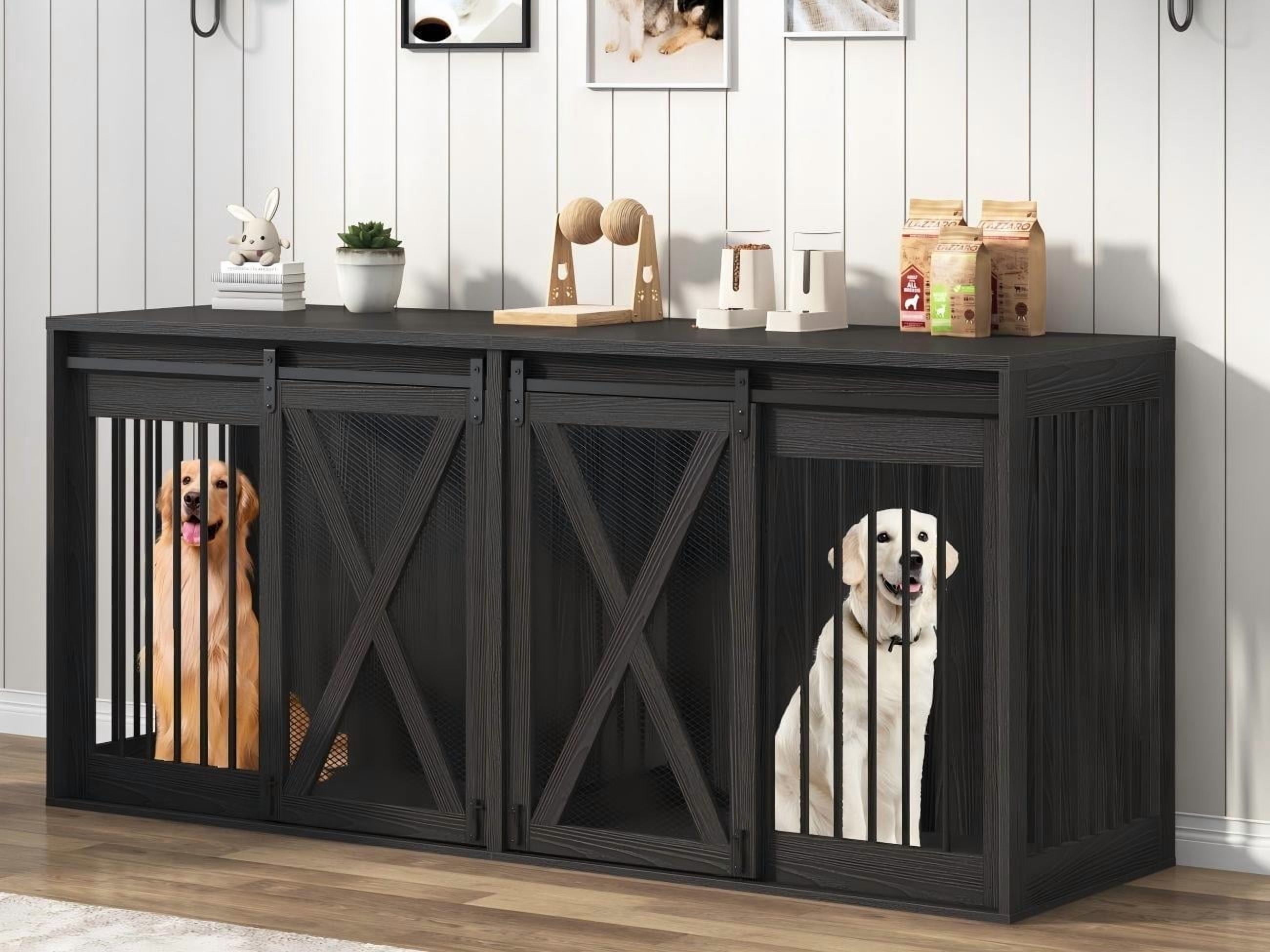 78.7" XXL Dog Crate Furniture for 2 Large Dogs, Farmhouse Dog Kennel TV Stand with Sliding Door and Removable Divider, Black