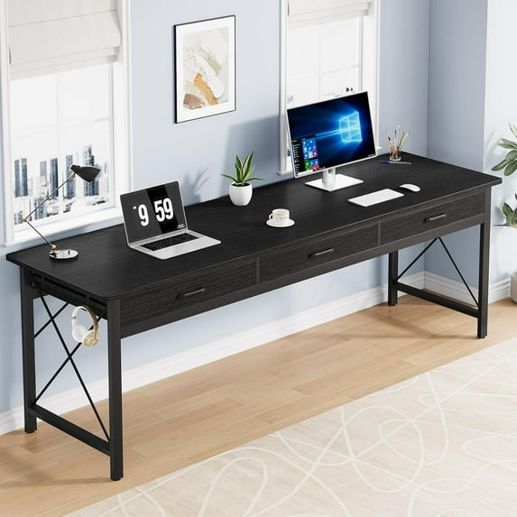 78.7 inch Extra Long Computer Desk with 3 Drawers, Two Person Office Desk, Double Desk with Hooks, Modern Industrial Writing Study Table Workstation for Home Office, Black