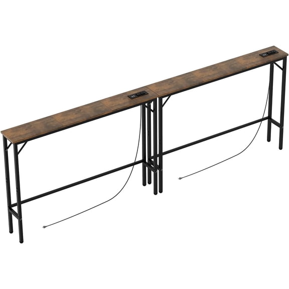 78.7 inch Narrow Console Table with Outlet, Sofa Table Set of 2, Behind Couch Table, Long Entryway Tables with Station, for Living Room, Rustic Brown