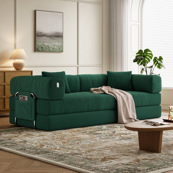 78.7-inch green convertible teddy bear sofa bed set with 2 pillows, 4-in-1 modular three-seater sofa for small spaces, removable machine-washable fabric, pet-friendly, suitable for large and small li