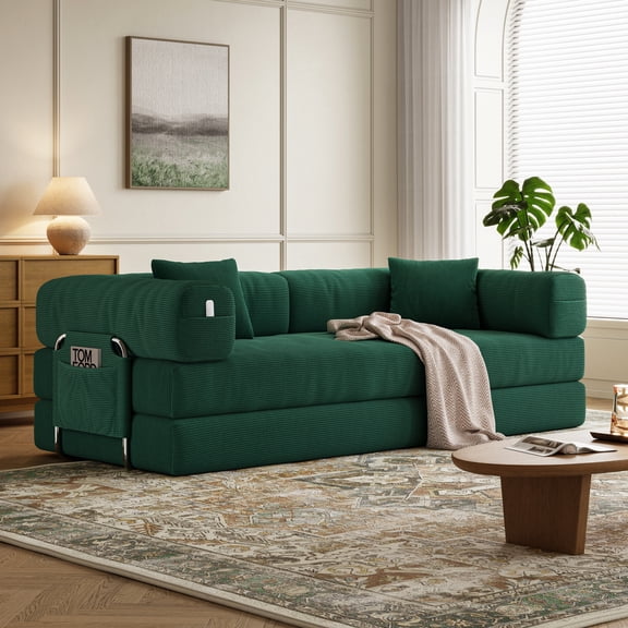 78.7-inch green convertible teddy bear sofa bed set with 2 pillows, 4-in-1 modular three-seater sofa for small spaces, removable machine-washable fabric, pet-friendly, suitable for large and small li