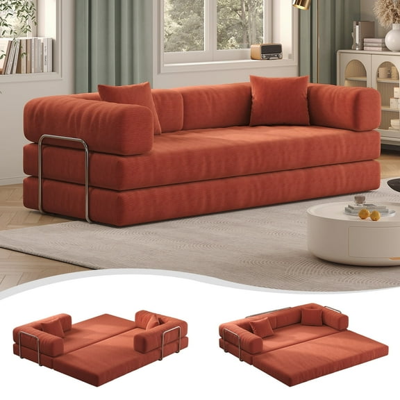 Orange convertible teddy sofa bed set with 2 pillows, 4-in-1 modular three-seater sofa for small spaces, removable machine-washable fabric, pet-friendly, suitable for large and small l
