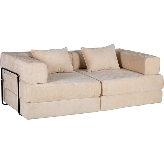 78.74" Boneless Convertible Sofa Bed, 2-Seaters Loveseat Modular Sectional Futon Couch with Fixed-Shape Frame, Chenille Fabric Floor Sleeper Sofa for Living Room Bedroom (Black)