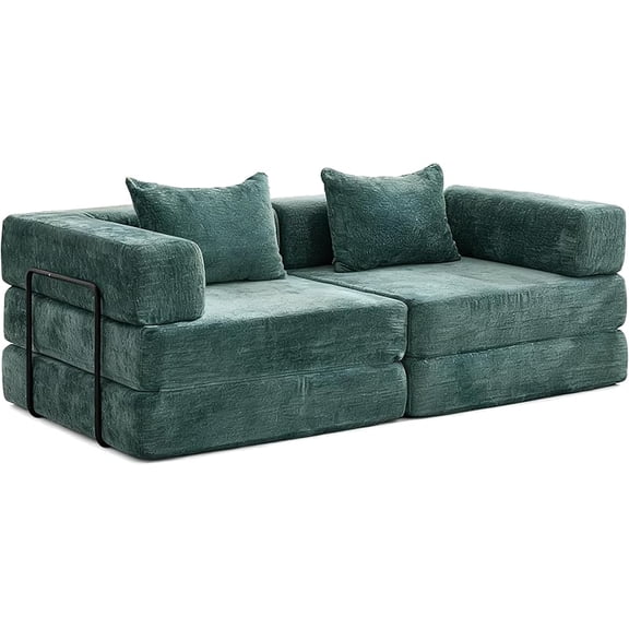 78.74" Boneless Convertible Sofa Bed, 2-Seaters Loveseat Modular Sectional Futon Couch with Fixed-Shape Frame, Chenille Fabric Floor Sleeper Sofa for Living Room Bedroom (Black)
