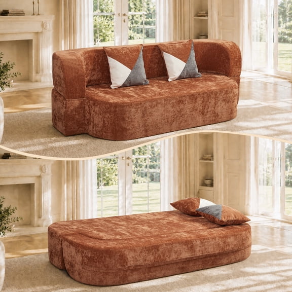 78.74" Eggshell Sofa Bed, Boneless Plush, 33D Foam & Pillows,Brown