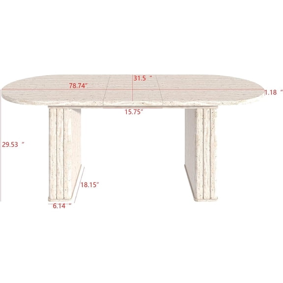 78.74" Extendable Dining Table for 4-8 People, Oval Travertine Inspired Kitchen Table with Wooden Strip Base for Family Living Room, Beige