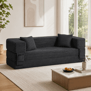 78.74 Inch 3-Seat Dark Gray Corduroy Lounge Sofa Bed, Convertible Floor Couch with Square Pillow Arms, Two-Layer Foam Base, Soft Ribbed Upholstery for Studio Bedroom Apartment Guest Use