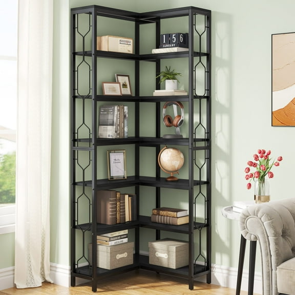 Finmind 78.74 Inch Etagere Bookcase, 7-Tier Industrial Corner Shelf, Freestanding Wood and Metal Corner Display Bookshelf for Living Room, Home Office, Black