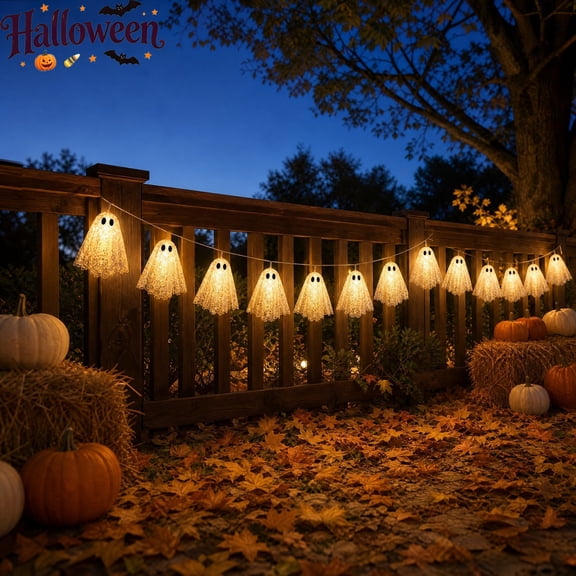 78.74 Inch Light Up Fabric Ghost String Lights, Cute Hanging Ghost Lamp Garland, Halloween Decorations, Whimsical Luminous Banner, Indoor Outdoor Garden Fence Porch Holiday Party Backdrop Decor