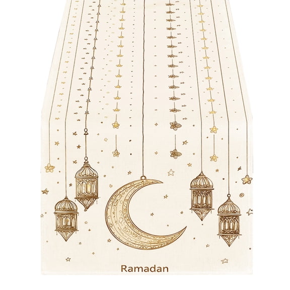 78.74 Inch Ramadan Table Runner, Eid Mubarak Islamic Lantern and Star Design, Polyester Fabric Dining Table Decoration for Kitchen, Mantel and Holiday Party Home Decor