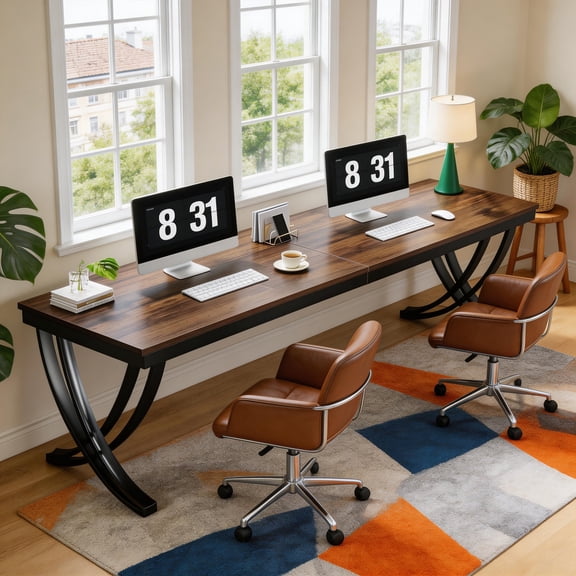 78.74 Inch Two Person Desk Industrial Double Computer Desk With Brown & Black Metal Frame