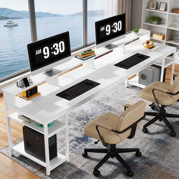 78.74 Inch Two Person Desk With Monitor Stand & Storage Shelves Double Computer Desk Large Gaming Study Writing Table Workstation For Home Office Furniture (White)