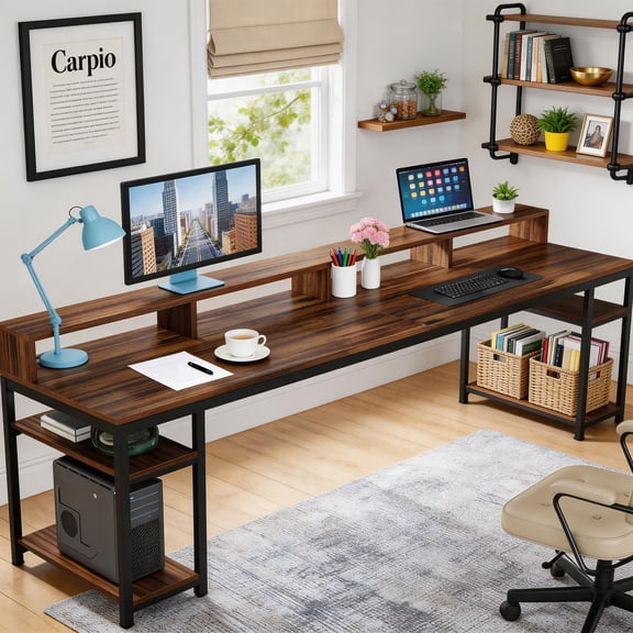 78.74 Inch Two Person Desk With Monitor Stand & Storage Shelves Double Computer Desk Large Gaming Study Writing Table Workstation For Home Office Office Furniture (Rustic Brown)