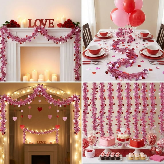 78.74 Inch Valentines Heart Tinsel Garland, Pink Fringe Metallic Garlands Decor for Indoor Outdoor Holiday Wall Tree Wedding Party Home Ornaments